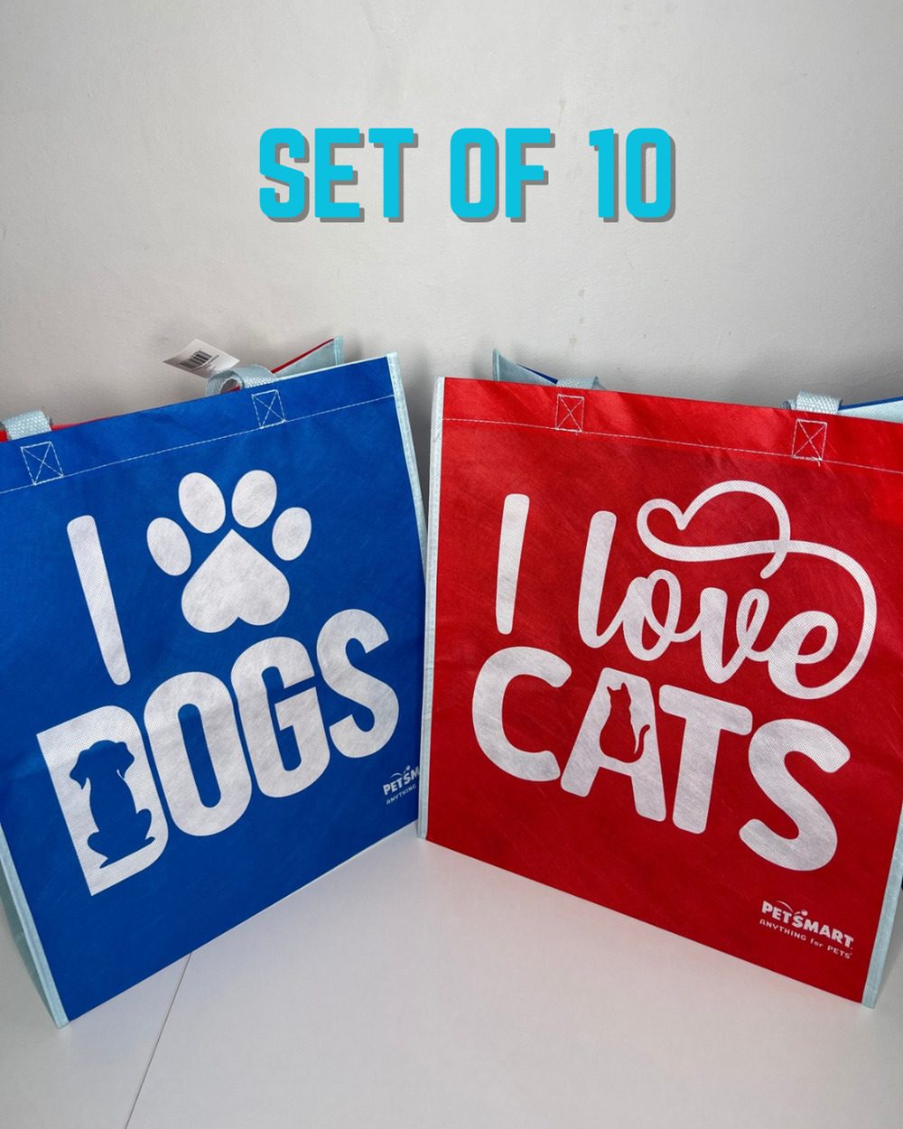 Set of 10 PetSmart — I Love Cats + Dogs Reusable Tote Bag — Double Sided Design